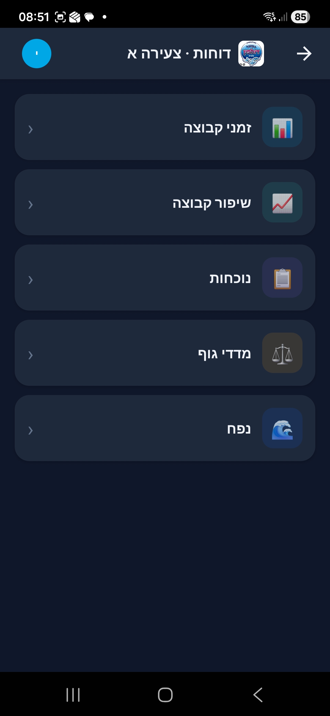 Reports menu: group times, improvement, attendance and body metrics